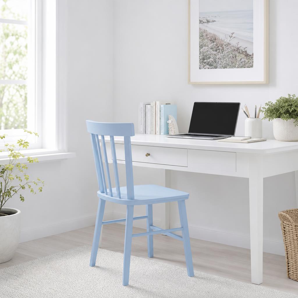 Styled white workspace nook with a baby blue wooden chair with four legs